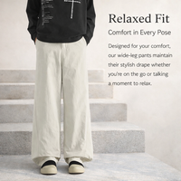 Men's Wide Leg Trousers with Drawstring Elastic Waist for Casual Everyday Wear, Baggy Straight Pants in Polyester Blend Material