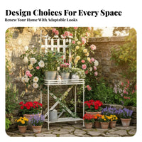 Decorative Scrollwork Multi-Tier Plant Shelf Trellis Top Arched Etagere Weather-Resistant Flower Rack Hanging Function for Gardeners, Homeowners, Decorators, Patio, Balcony, Living Room