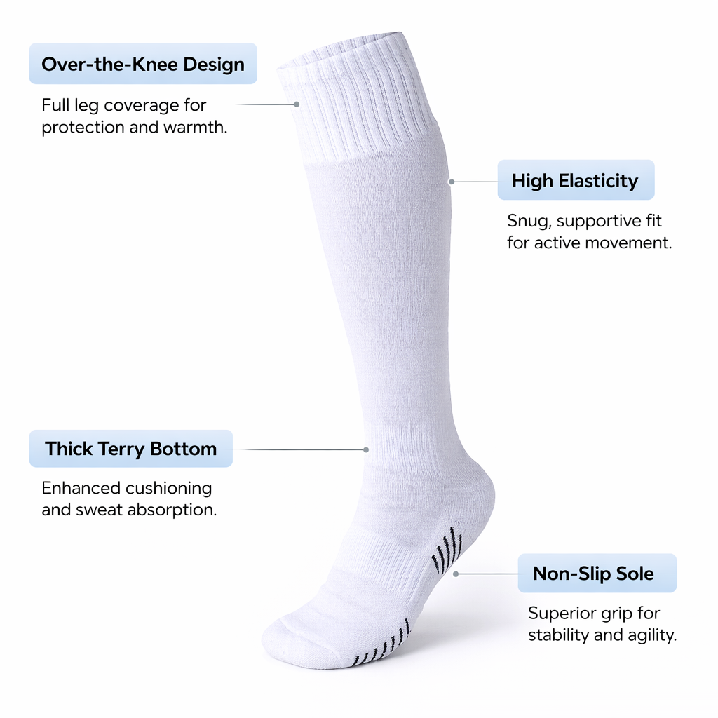 Athletic Socks for Children Over, Thick Cushioned Polyester for Soccer and Football, Terry Cloth Bottom Sports for Running, Unisex 7-12 Years