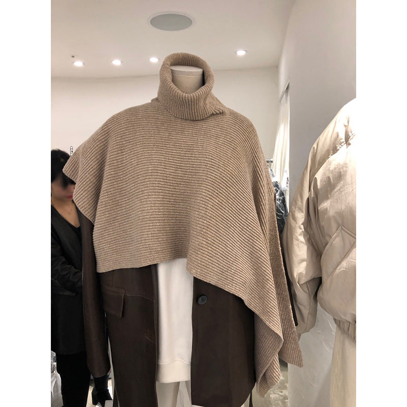 Korean Style High-Neck Knitted Poncho Shawl for Women, Winter Thick Irregular Cape Coat Scarf