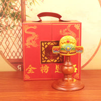 Brass-Toned Scholar Hat Ornament with Wooden Stand Traditional-Style Tabletop Decor Auspicious Desk Sculpture for Students, Graduates, Study Room, Graduation Party