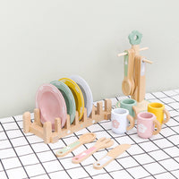 33 Pieces Pastel Accents Wooden Tableware Set Storage Display Pretend Kitchen Accessories Polished Edges Play Plates and Cups Realistic for Children