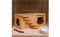 Stepped Platform Hamster Hideout House Natural Wood Wooden Hamster House Polished Finish Bear Cutout Hideout Rounded Edges for Enclosure Interior