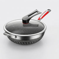 Frying Pan for Stir Fry and Home Cooking, 34cm Large Stainless Steel Wok with Lid, 2kg Weight Pan for Induction Hob, Versatile BBQ Cookware