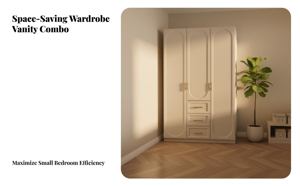 French Design Armoire Light Elegant Design Armoire with Doors and Shelves Golden Alloy Handles Standing Wardrobe Closet for Homeowners, Adults, Home