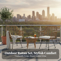 4 Pieces Woven Armchair and Table Set Strengthened Glass Tabletop 3-Piece Wicker Seating Group Weather-Resistant Outdoor Furniture for Balcony, Garden