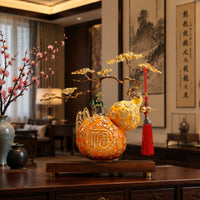 Wood Base Ornament Arched Top Gourd Desktop Decor Feng Shui Decoration