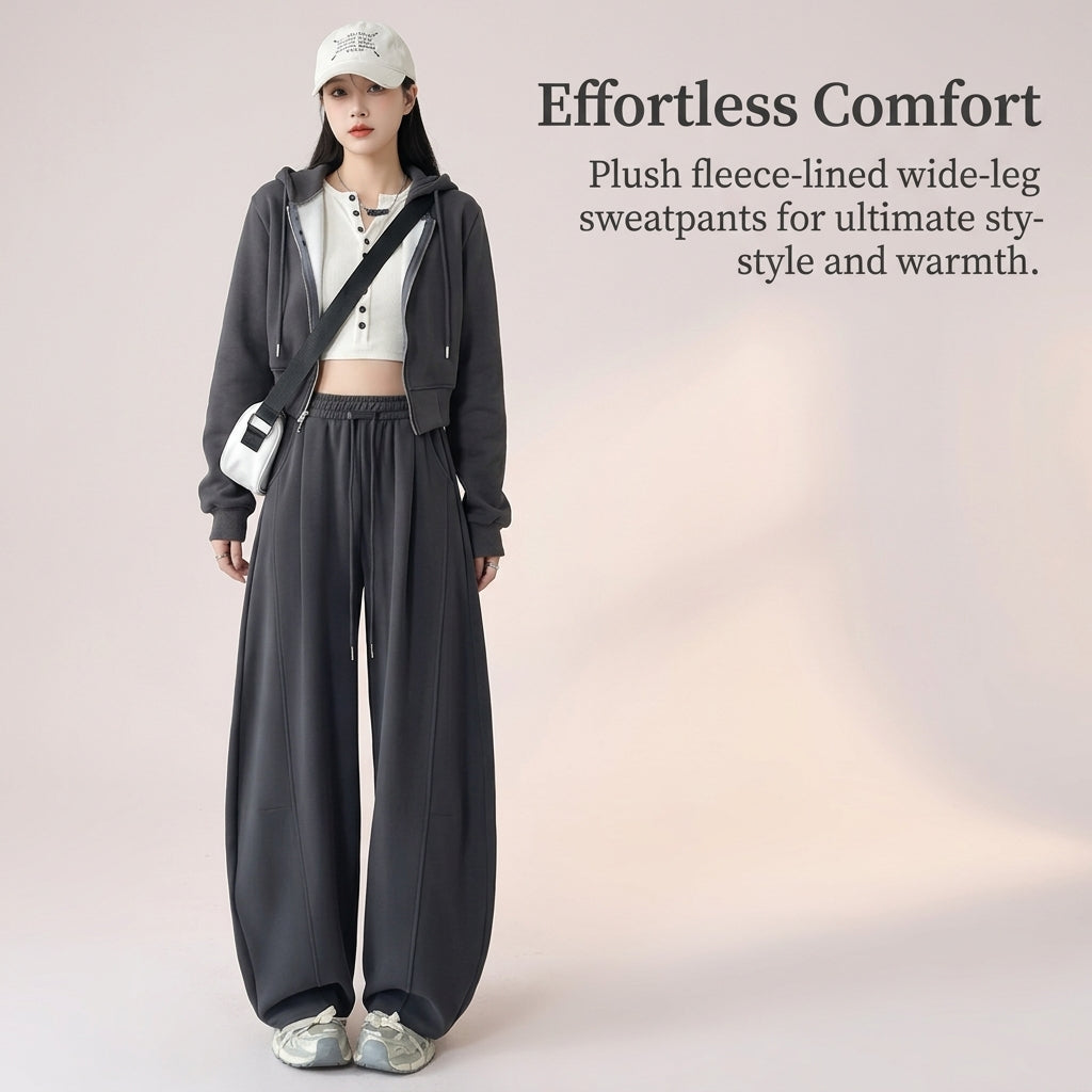 Wide Leg Trousers for Women with High Waist and Blend Material, Tracksuit Bottoms Loungewear with Curved Cut Design, Baggy Joggers