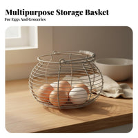 Sturdy Iron Construction Wire Egg Basket Rustic Design Round Basket with Handle Ventilated for Countertop, Pantry, Garden