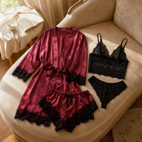 Women's Lace Pajama Set with Robe and Shorts, 4-Piece Sleepwear Loungewear