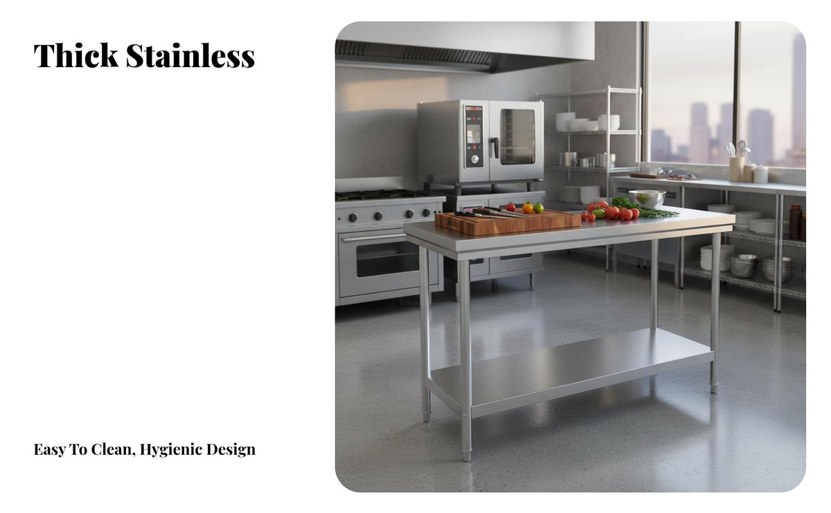 Rust Resistant Commercial Kitchen Prep Table Easy to Clean Commercial Food Prep Table Solid Tabletop Heavy Duty Metal Workbench Stable Design for Restaurant Team, Home Cooks, Homeowners, Catering, Workshop, Garage