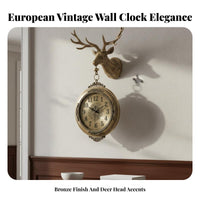 Double Sided Wall Clock Noiseless Mechanism Deer Head Hanging Clock Large Size Home Decoration for Living Room, Hallway