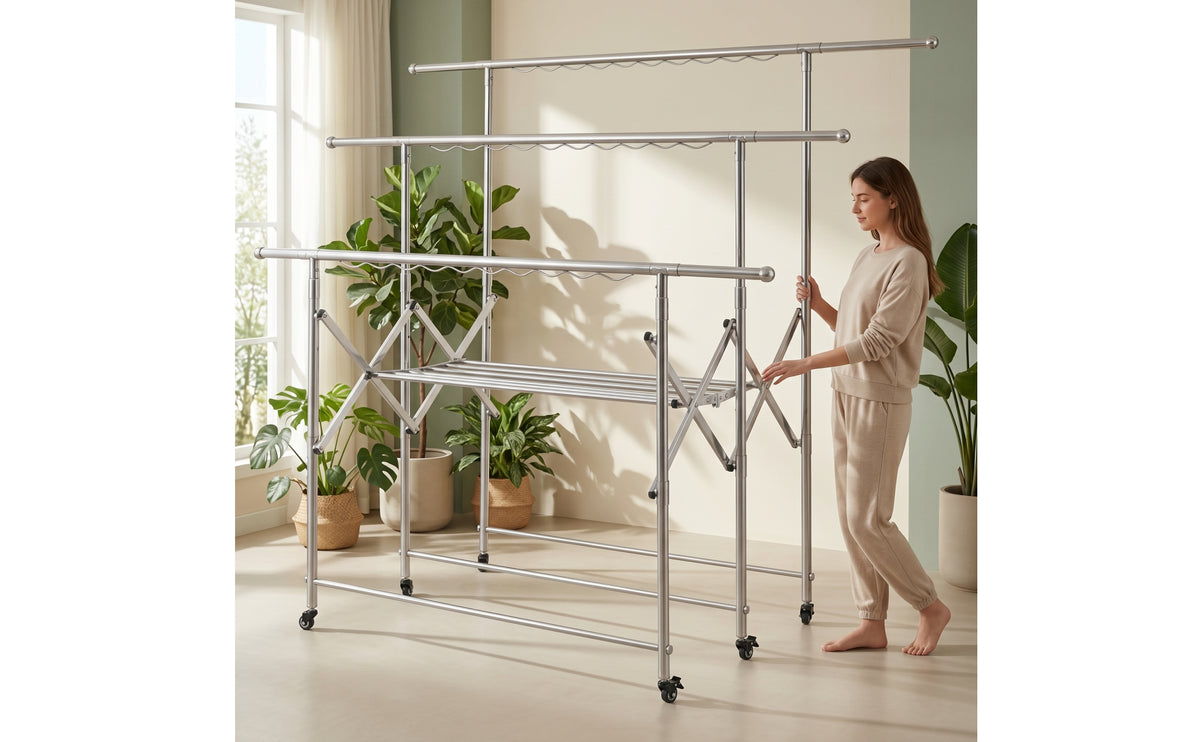 Expandable Clothes Drying Rack with Wheels Telescopic Clothes Drying Rack with Casters Collapsible Space-Saving for Families, Balcony