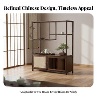 Traditional design Bamboo Tea Console adaptable Use Multi-Compartment Display Rack Space-Saving Storage Furniture Cabinet with Door for Collectors, Homeowners, Living Room, Study, Office, Kitchen