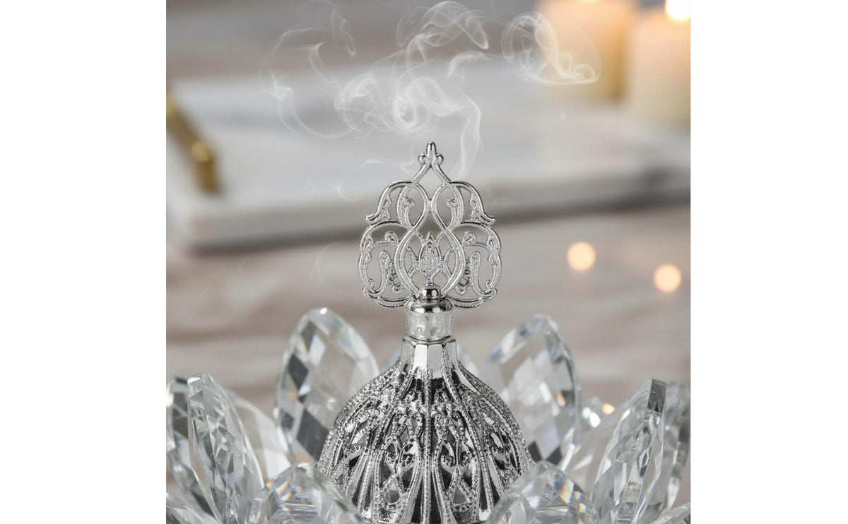 Silver Finish Crystal Lotus Incense Burner Decorative Glass Lotus Incense Holder Meditation Home Decor Spiritual Cleansing