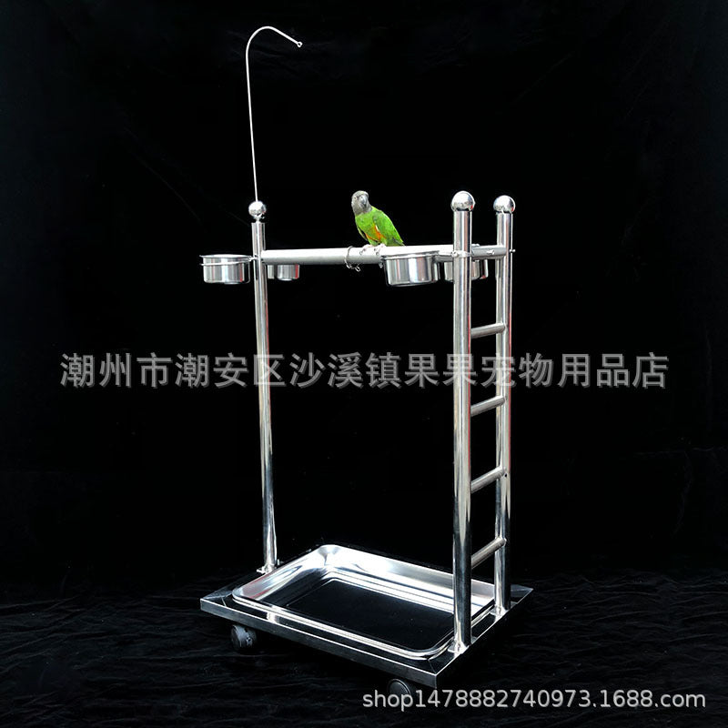 Stainless Steel Parrot Play Stand with Ladder and Perch Cups, Adjustable Bird Activity Center