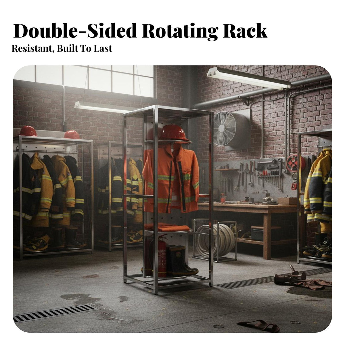 Double Sided Fire Suit Hanger Heavy-Duty Stainless Steel Firefighter Gear Rack Remote Control Rotating Turnout Gear Stand for Firefighters