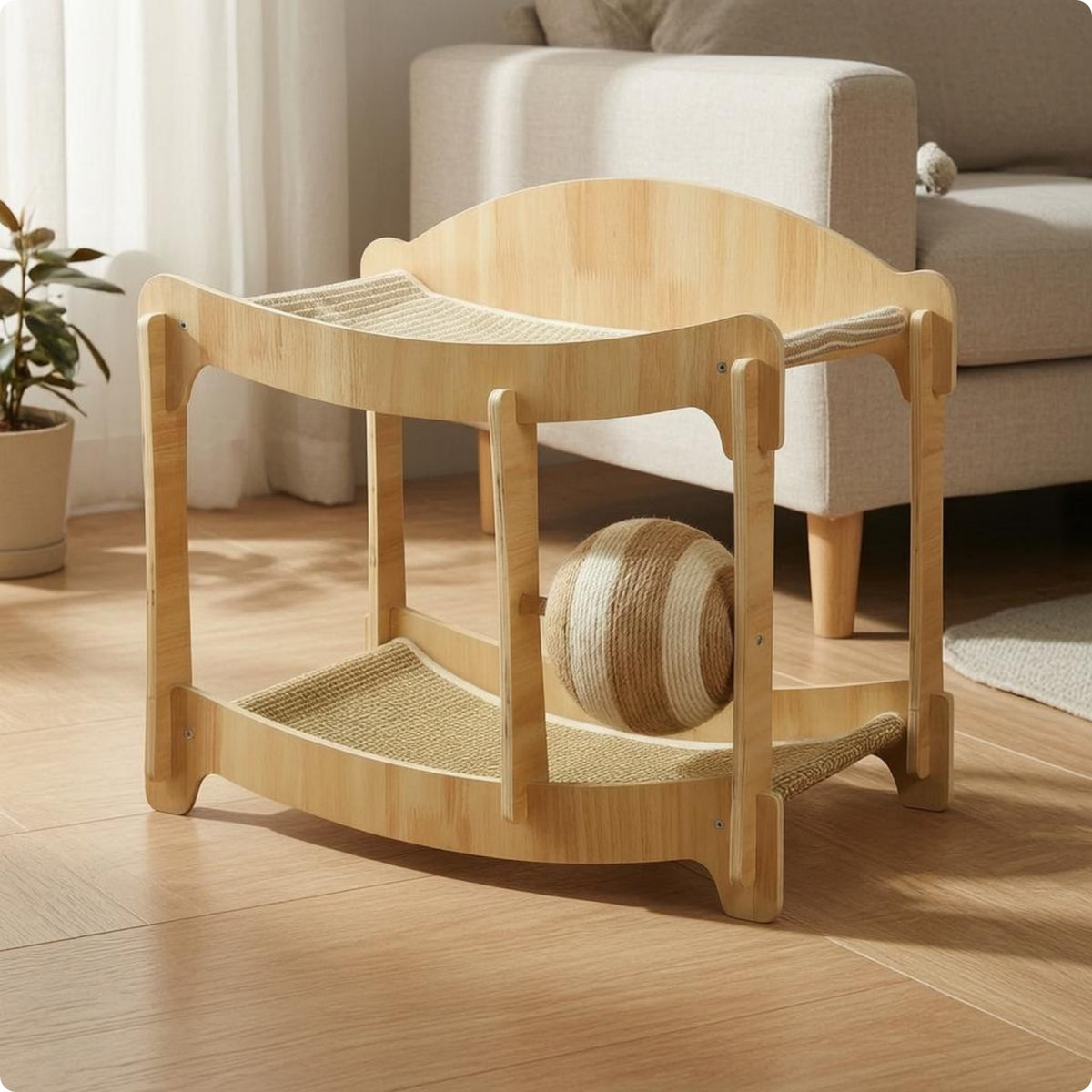 Two-Level Feline Bed Natural Finish Pet Furniture Stable Frame