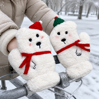 Women's Winter Lambswool Lined Warm Cartoon Plush Gloves with Neck Strap for Cycling