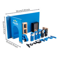 Police Play Set Painted Blue Wooden Playset Flat-Sawn Design Children's Toy