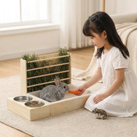 Hay Feeder with Food Bowls and 5 Slots, Wooden Guinea Pig Feeder and Hamster Feeder, Small Pet Feeder Rack with Tray for Pet Care and Less Waste