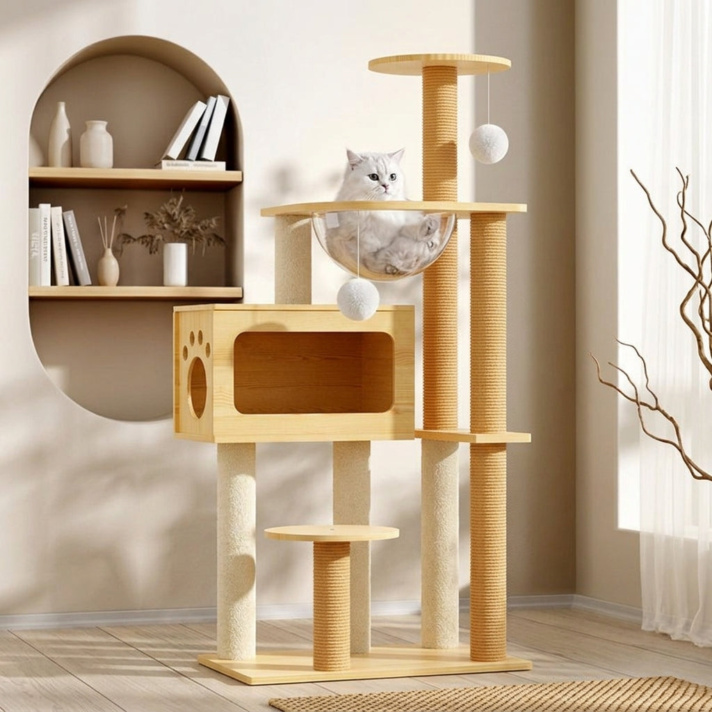 Multi-tiered Cat Activity Center and Wood Cat House, Sturdy Ground Type Bed and Perch, Indoor Climbing Structure for Large Cat Scratching Fun