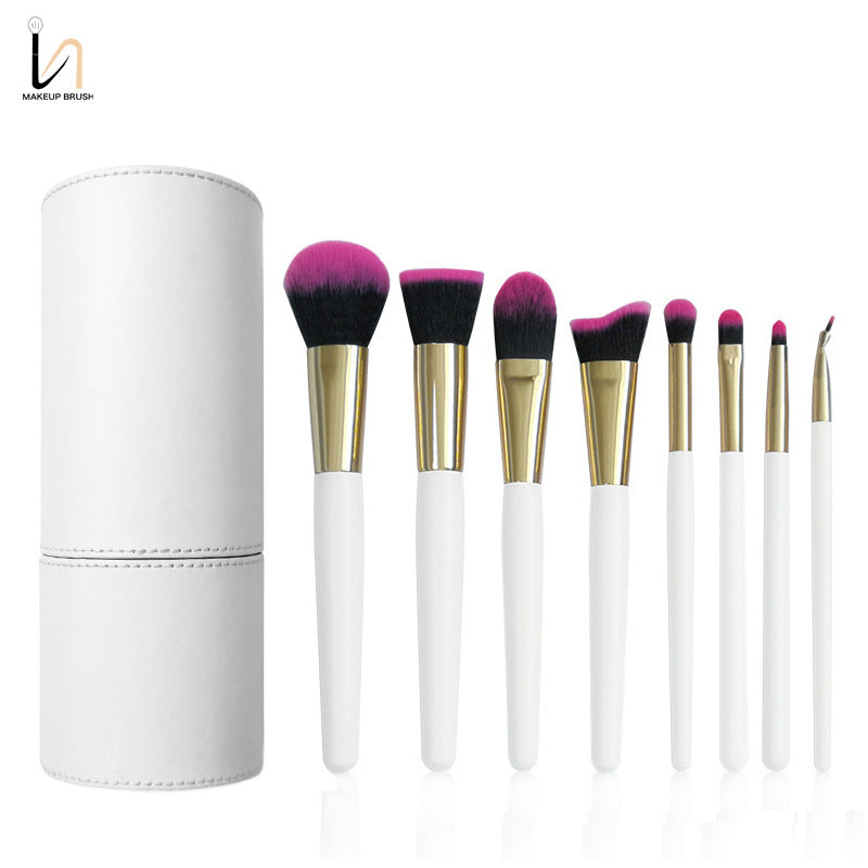 8-Piece White Handle Makeup Brush Set with Purple Bristles - Foundation, Powder, Contour, Highlight Brushes