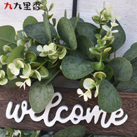 American Welcome Eucalyptus Wreath with Wooden Sign for Front Door Decor