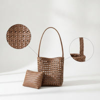 Braided Woven Bag with Pouch Lightweight Tote Bag with Pouch Casual Openwork Tote Compact for Women, Summer, Travel, Shopping