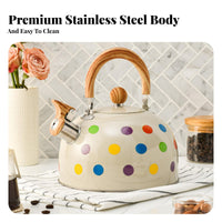 Polka Dot Whistling Kettle Loud Whistle Steaming Tea Kettle Induction & Gas Cooktop Compatible Stainless Steel Teapot for Office, Bar