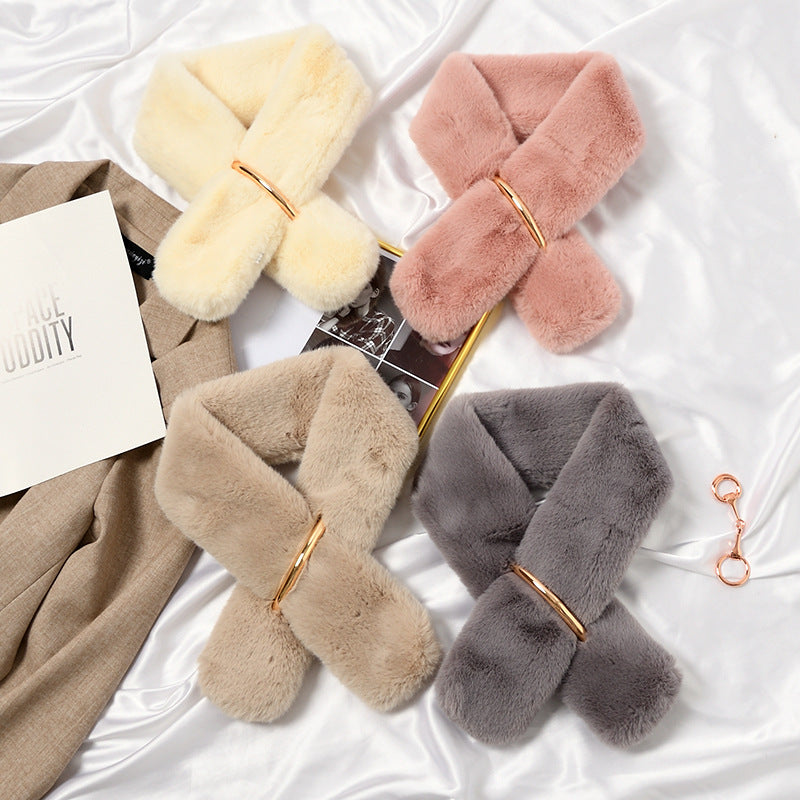 Women's Korean Style Faux Rabbit Fur Scarf with Copper Ring Buckle