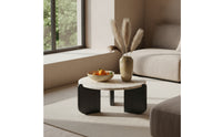 Round Coffee Table with Wood Base Low-Profile Travertine Coffee Table Minimalist Furniture for Living Room, Apartment, Balcony