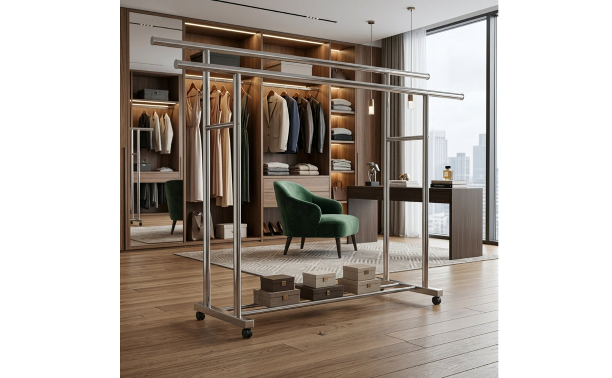 Mobile Double Rod Clothes Rack with Shoe Shelf Portable Double Rod Clothes Rack Sturdy Furniture Stable for Laundry Room
