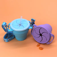 Collapsible Silicone Snack & Straw Cup for Kids, Portable Outdoor Travel Storage Cup