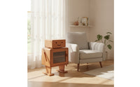 Robot Nightstand Solid Wood Nightstand with Glass Door Storage Retro-Retro-Styled Cabinet with Ribbed Glass for Reading Corner