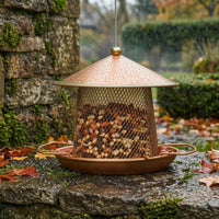 Conical Roof Hanging Bird Feeder Copper-Bronze Finish Metal Bird Feeder Perch Arms