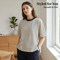 T-Shirts Women UK with Drop Shoulder Sleeve for Summer Wear, Ladies in Flared Fit, Contrast Color Striped Tees for
