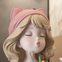 Pink Figurine Pen Holder Sculpted Girl Figurine Organizer Aesthetic Desk Organizer with Container Cartoon for Vanity