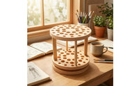 Two-Tier Rotating Brush Holder Natural Wood Finish Wooden Brush Holder Compact Desk Organizer Upright