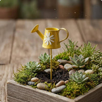Miniature Iron Watering Can Stake Curved Handle Mini Watering Can Decor Short Spout Flower Pattern Garden Stake Compact Size for Tabletop Micro-Landscape, Potted Plant