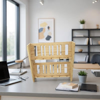 Natural Wood Finish Two-Tier Phone Stand Freestanding Slatted Phone Stand Organized Storage Desk Accessory Unobstructed Design