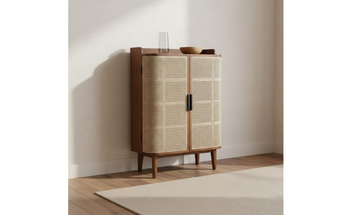 Nordic Design Rattan Shoe Cabinet Breathable Design Wooden Entryway Shoe Storage High Capacity Household Furniture Anti-Tip Included for Hallway
