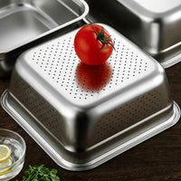 Square Colander and Sieve Set, Stainless Metal Rectangle Basin with Strainer, Flat Bottom Japanese Style Kitchenware for Washing Vegetables and Fruit