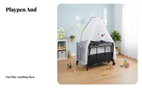 Foldable Portable Bedside Bassinet Adjustable Height Multi-Function Playard All-in-1 Design Infant Bed Toy Bar with Melody Player for Newborns, Infants, Toddlers, Travel, Bedroom, Living Room