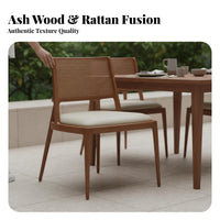 Wabi-Sabi Aesthetic Upholstered Rattan rear Chair sturdy Wood Frame V-Leg Cane Chair Retro Design Kitchen Seat mid-20th centuryera Modern for Restaurant Owners, Interior Designers, Homeowners, Hotel, Dining Room, Reception Area, Balcony