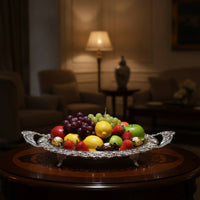 Serving Platter with Feet Silver Serving Platter with Handles Reflective Ornate Metal Tray for Hosts, Parties