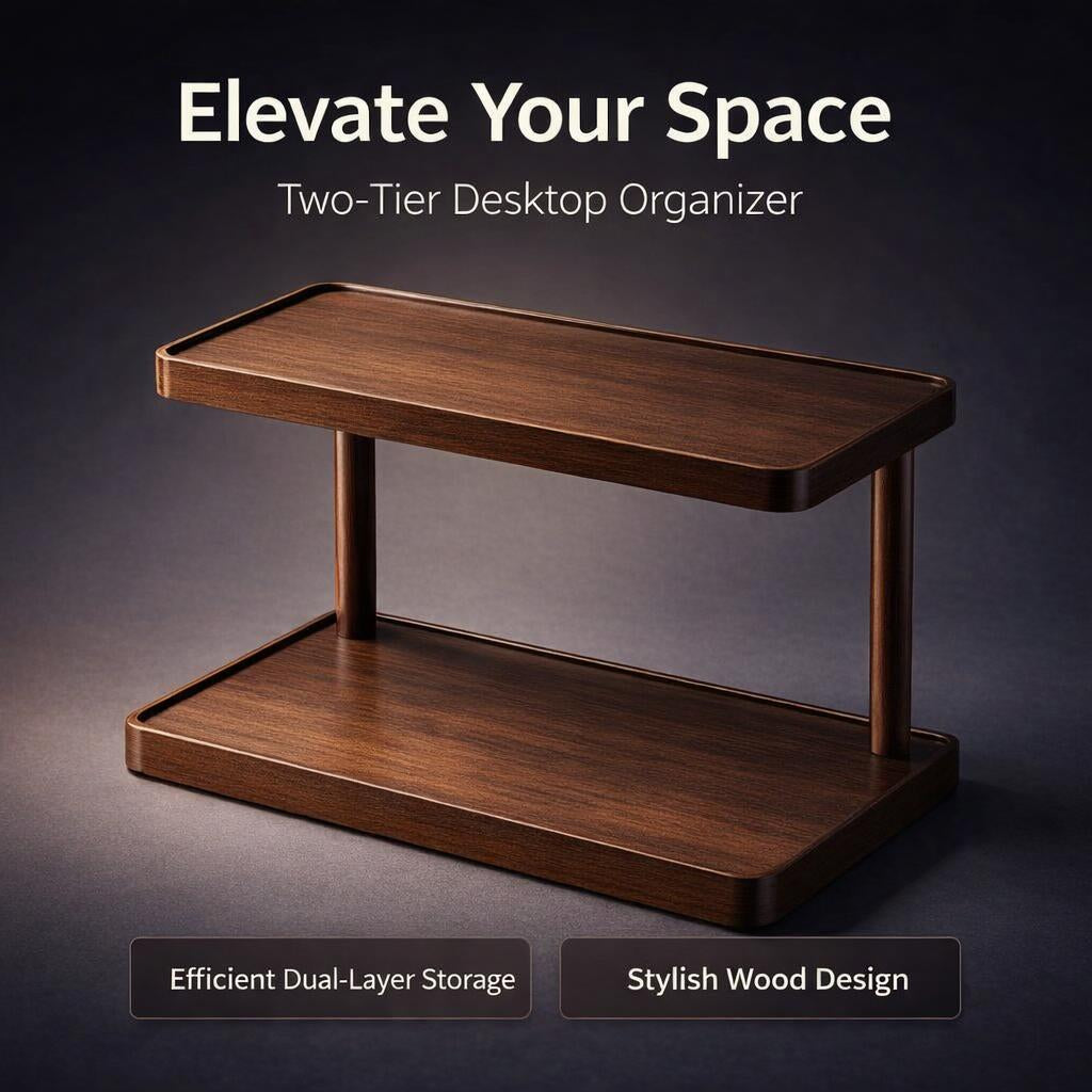 Wooden Desk Shelf Organizer, 2 Tier Display Shelf for Cups, Small Desk Storage Rack for Home Office, Desktop Display Shelf