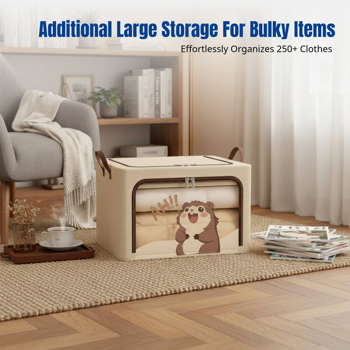 Foldable Storage Box, Large Capacity Clothes Organizer, Oxford Fabric, Visual Panel, Cartoon Pattern, Steel Frame, Wardrobe