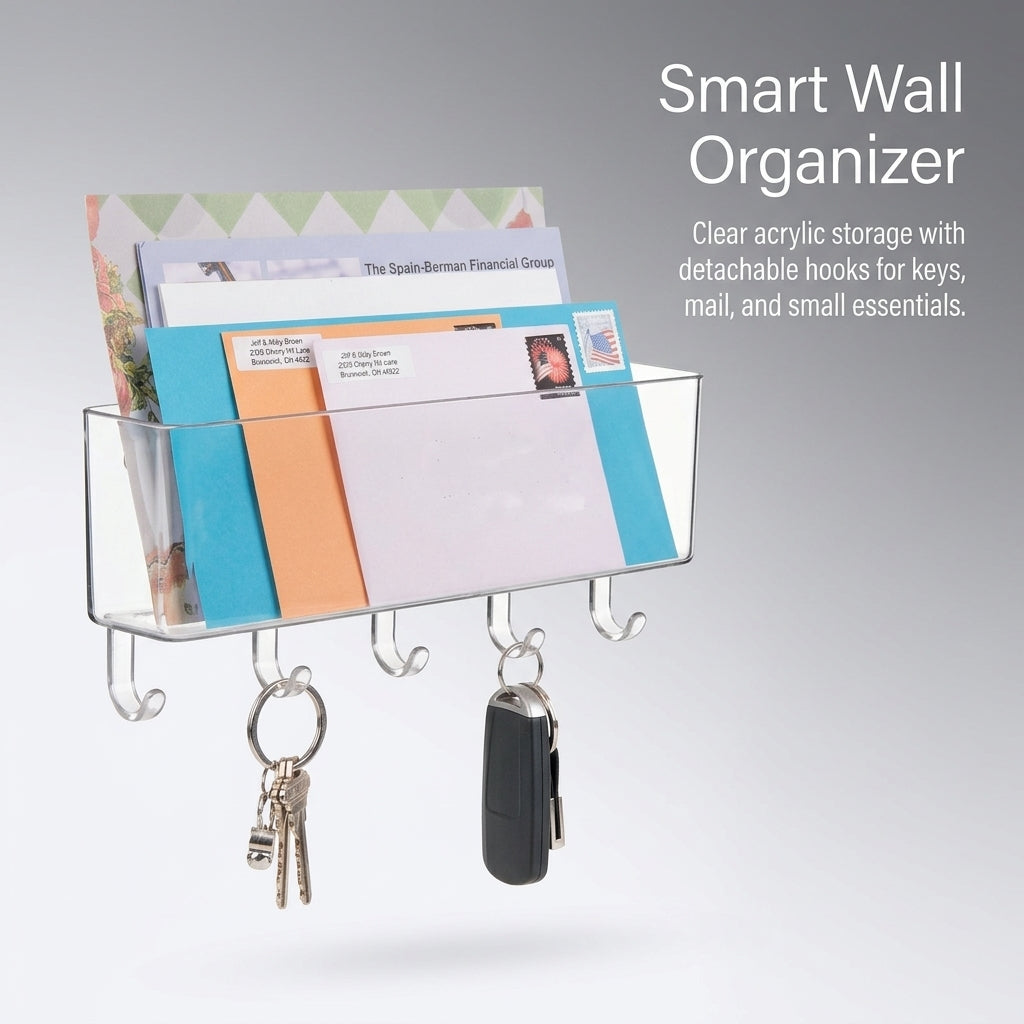 Wall Mount Organizer Box, Clear Acrylic Key Holder, For with Hooks