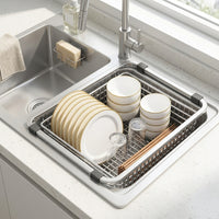 Dish Rack and Dish Drainer with Kitchen Utensil Holder, Adjustable Stainless Steel Sink Drainer, Space Saving Over Sink Drain Rack for Cutlery